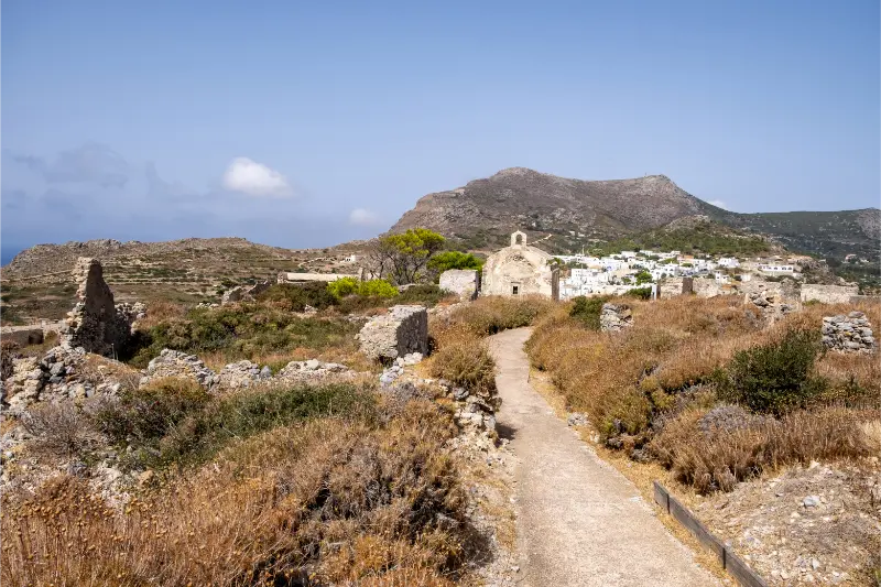 View Whitewashed Buildings Ruins Venetian Castle Chora Kythira Island Greece